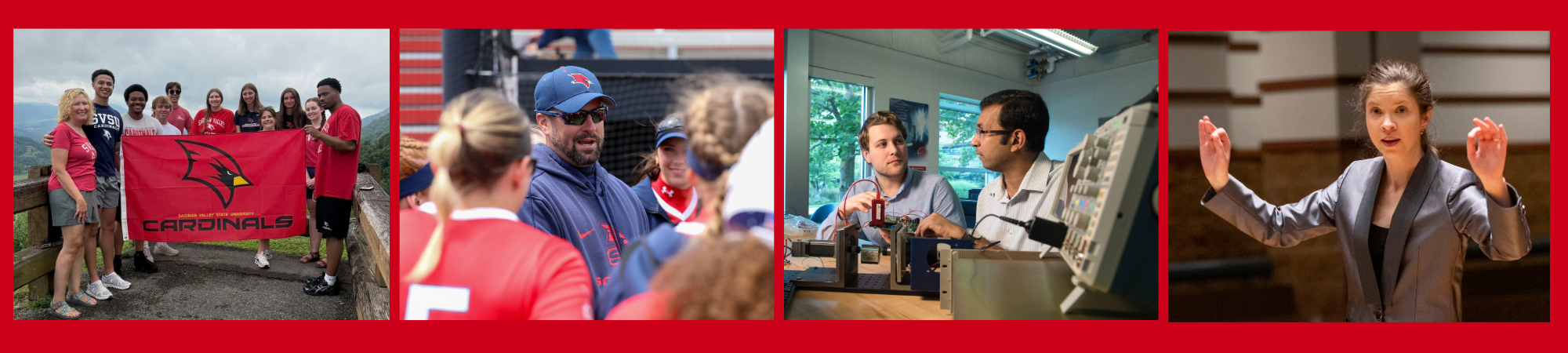 four photos on red background